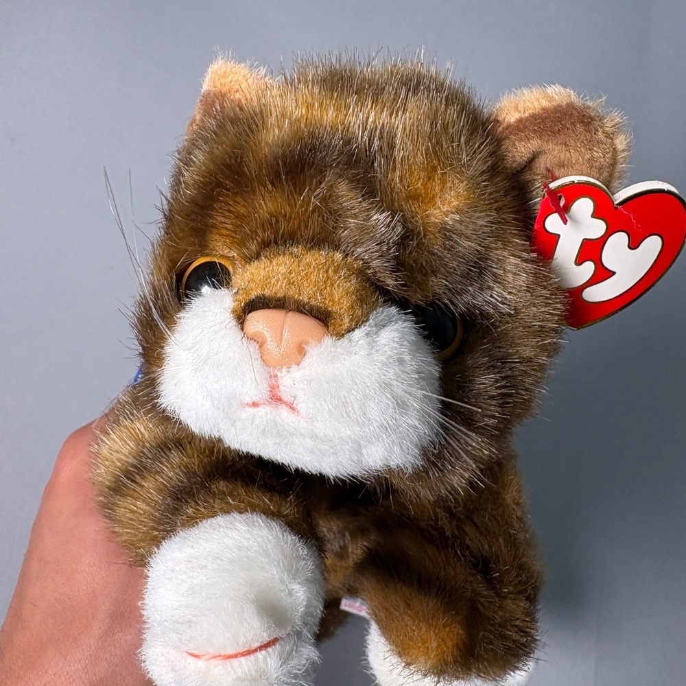 Ty Beanie Buddies Spice the Cat Brown Striped Tabby Plush Blue Ribbon 1997 9308